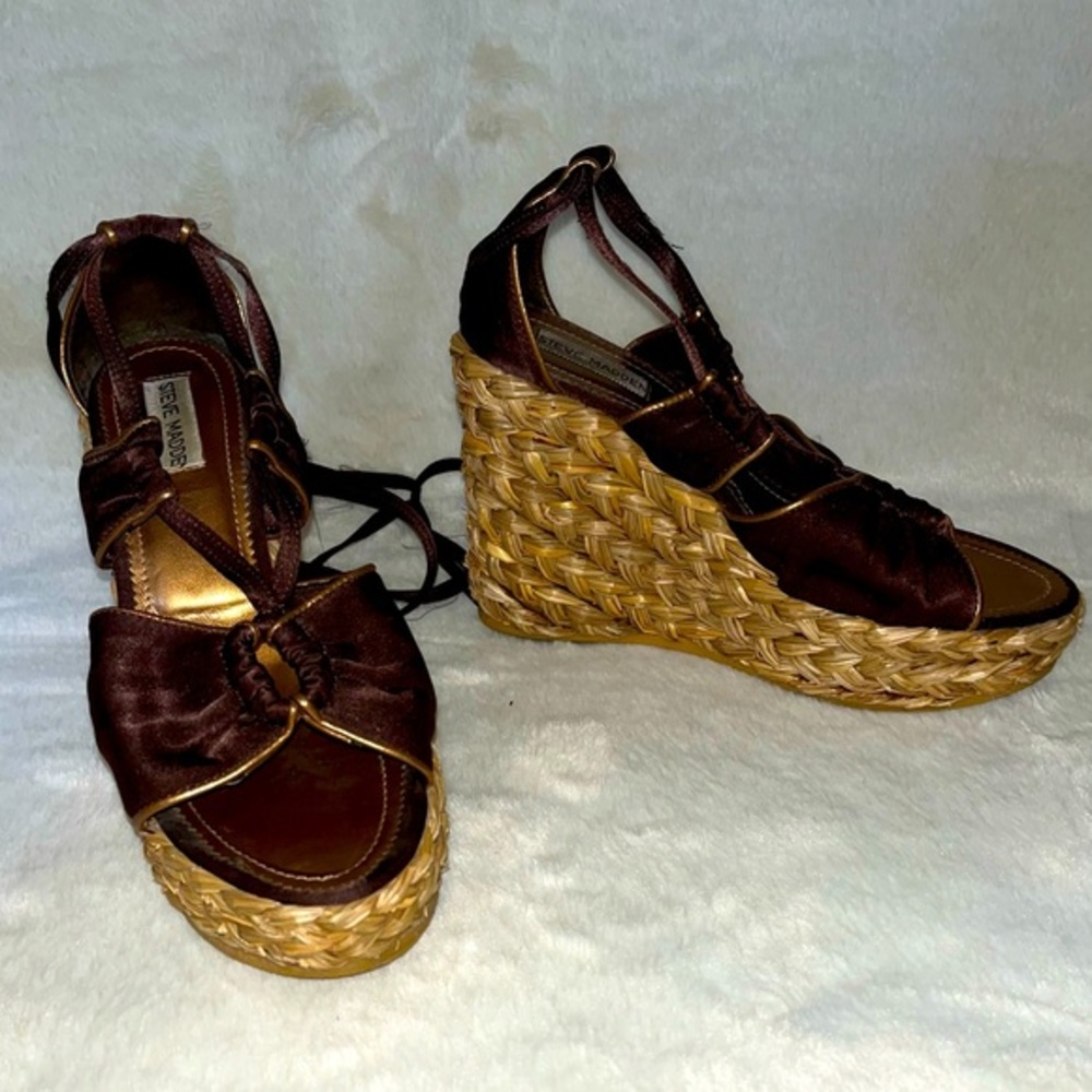 Steve Madden Y2K Brown & Gold Lace Up Platform Espadrille Wedges - Size 7